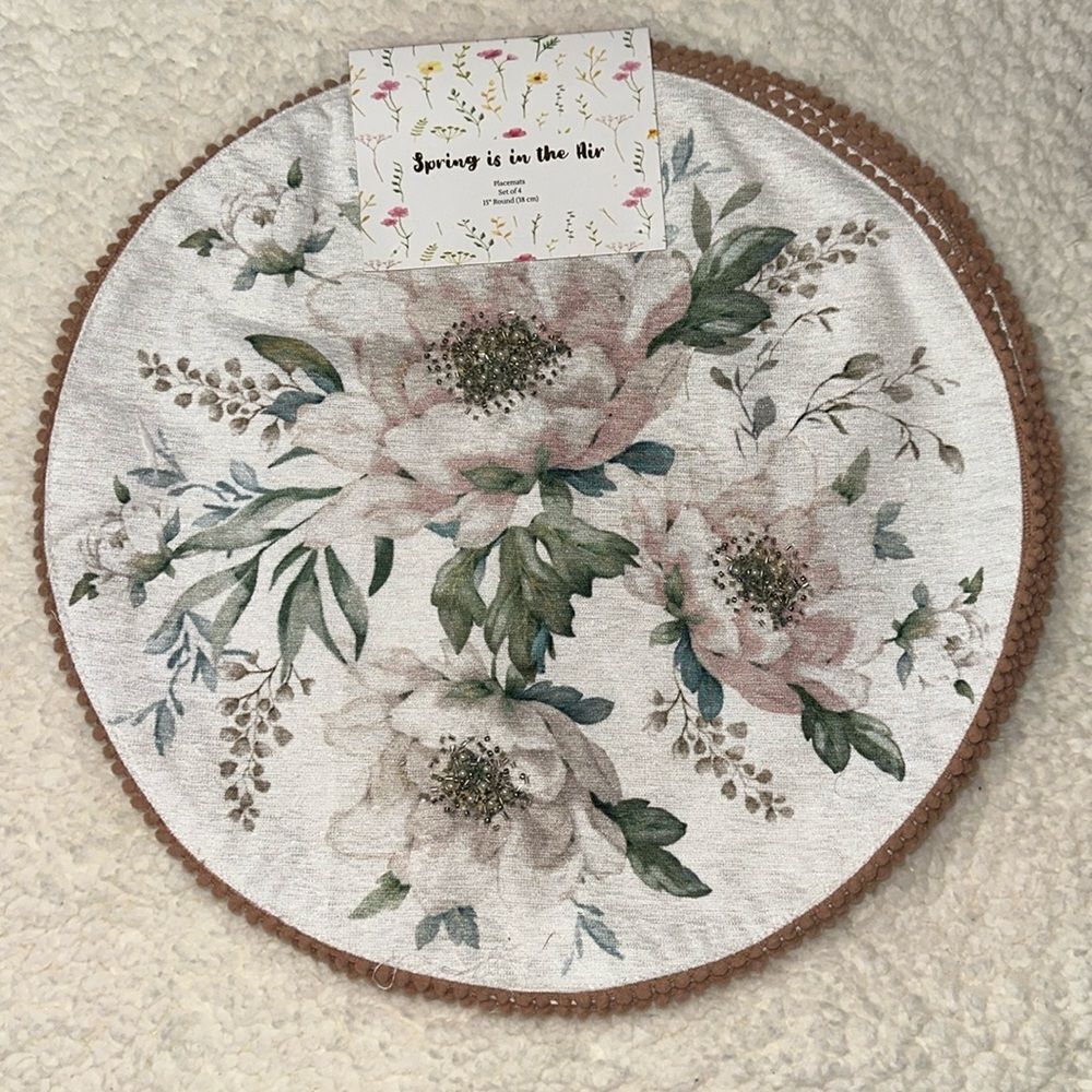 Set of 4 Spring is in the Air White Green Tan Floral Round Beaded Place Mats